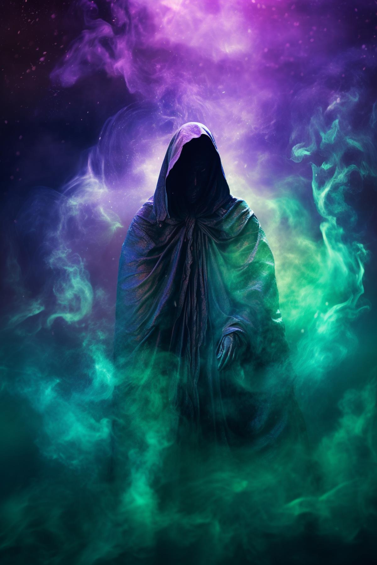 dramatic photography of a mysterious phantom, ghost, poltergeist, shades of purple , glowing sparkling malachite, splashing subli swirling mist fog smoke, glowing neon lighting, sparkles