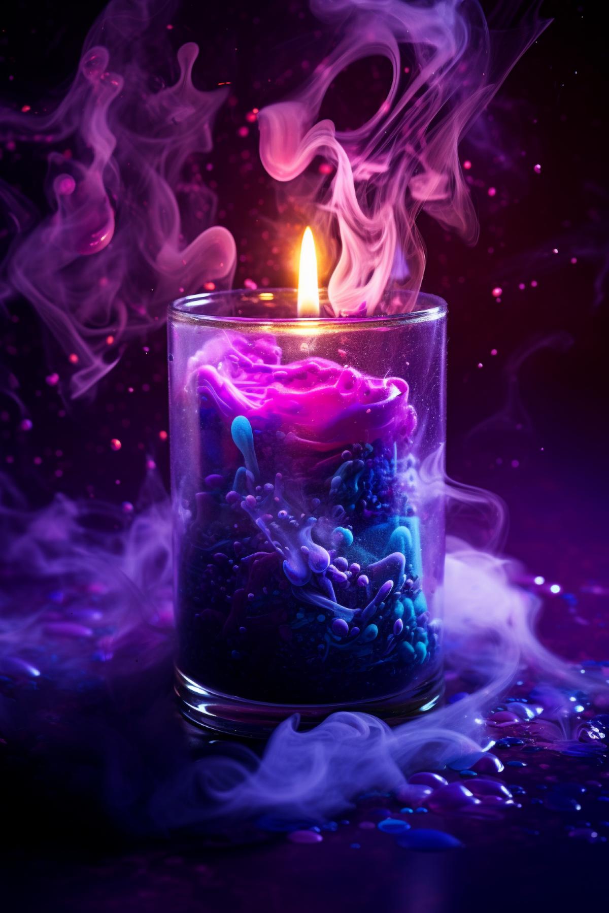 dramatic photography of a mysterious futuristic candle in the glass, shades of purple , glowing sparkling malachite, splashing subli swirling mist fog smoke, glowing neon lighting, sparkles