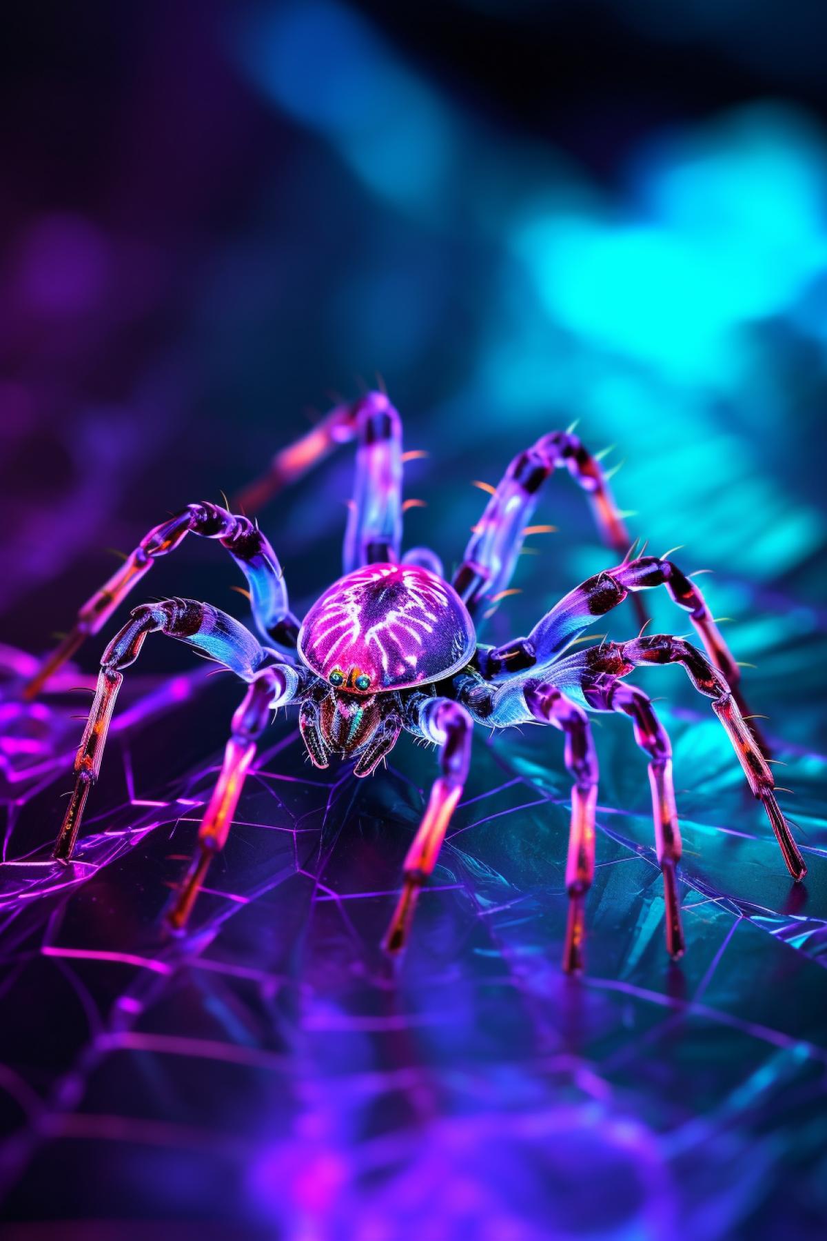 Neon holographic spider and glowing web with shades of purple and green, fluorescent smoke, many details, in the style of Marcel Wanders, Miki Asai, Alexa Pardi, bold colors, incredible com4k, epic lighting, backlit