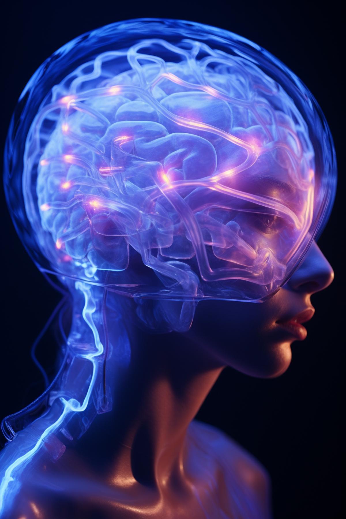 Fluorescent brain in the Transparent human’s head, fantastic art, cosmic vision, photorealistic, concept art, atmospheric
