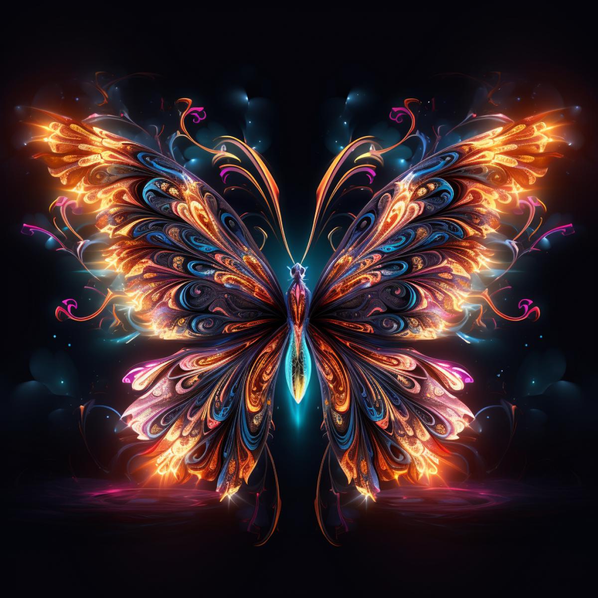 abstract neon light painting, Beautiful butterfly, fancy patterns on the wings, highly detailed, ethereal, breathtaking