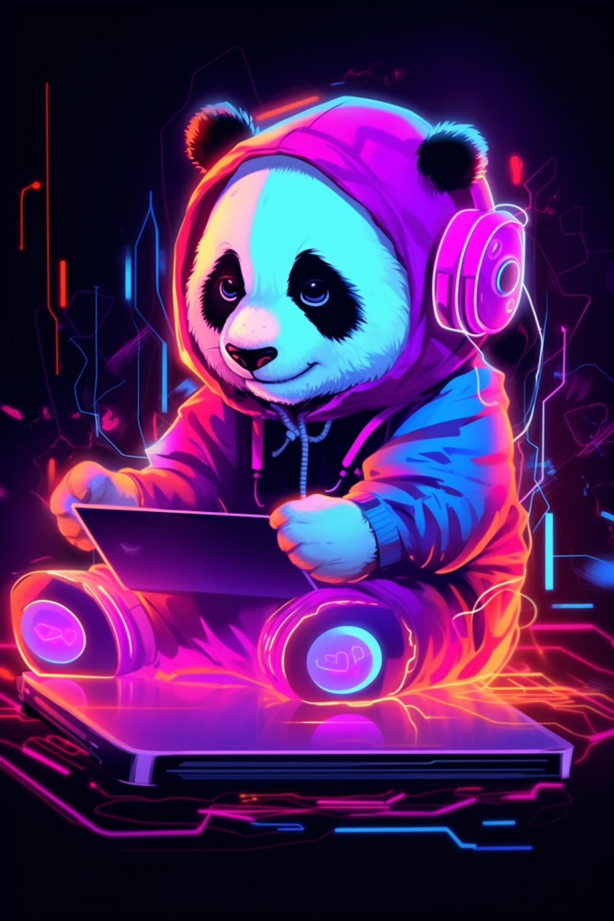 Cute panda playing computer neon decoration