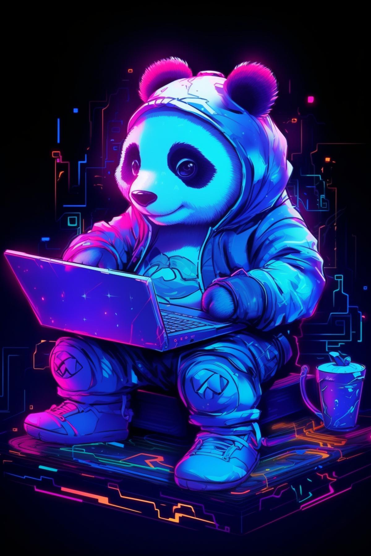 Cute panda playing computer neon decoration