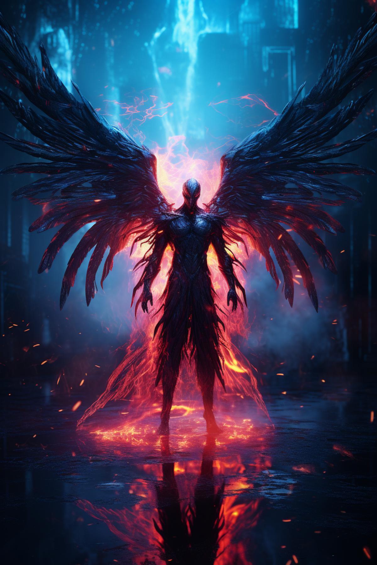 Dramatic photography of a mysterious Neon flying demon in the fluorescent neon fire, he has big wings, transparent spirits flying near him, background, glowing splashing details, glowing neon lightings, atmospheric, perfect colours