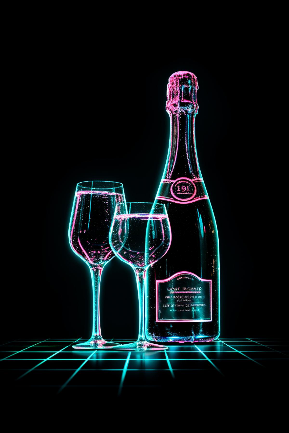 neon outline shape, A bottle of champagne, glasses, in the style of neonpunk, minimalist backgrounds, neon, flat, limited shading, daguerreian, american barbizon school, uhd image