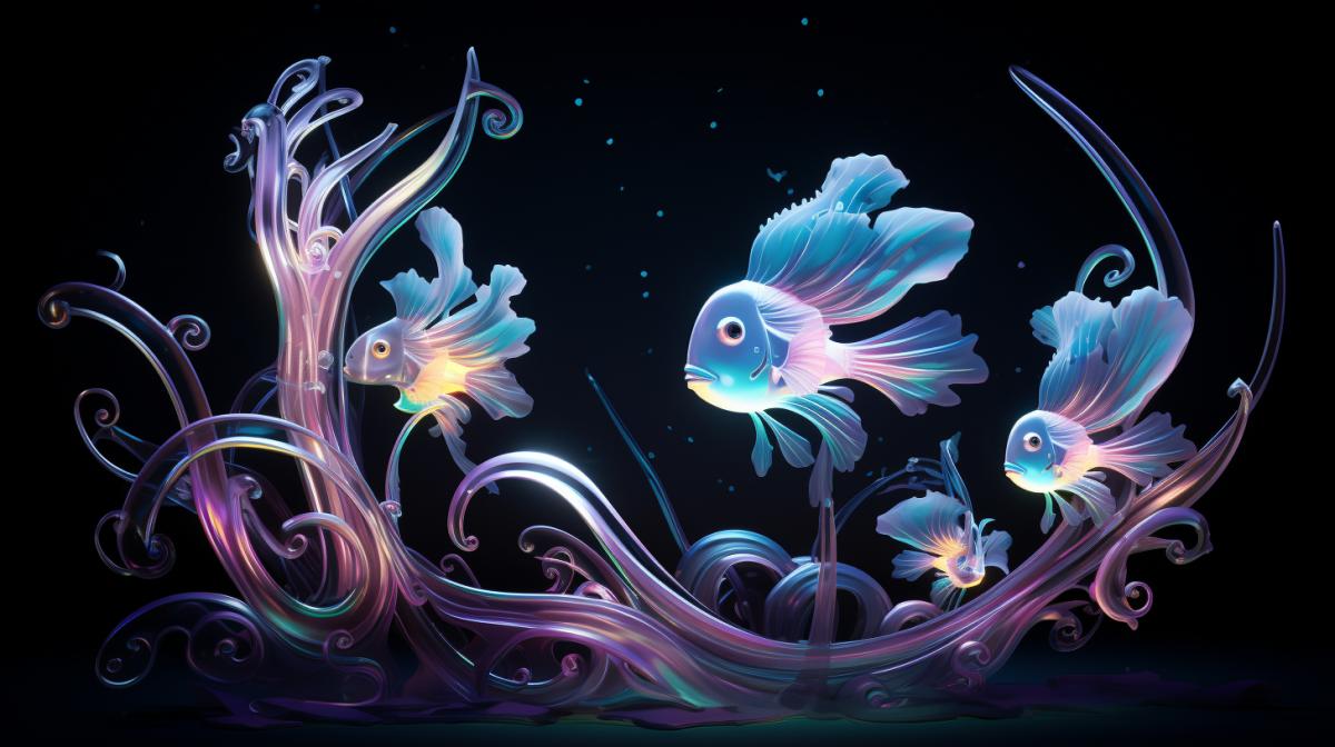 High-end Glowing Aquarius, neon Fishes, futuristic Seaweed