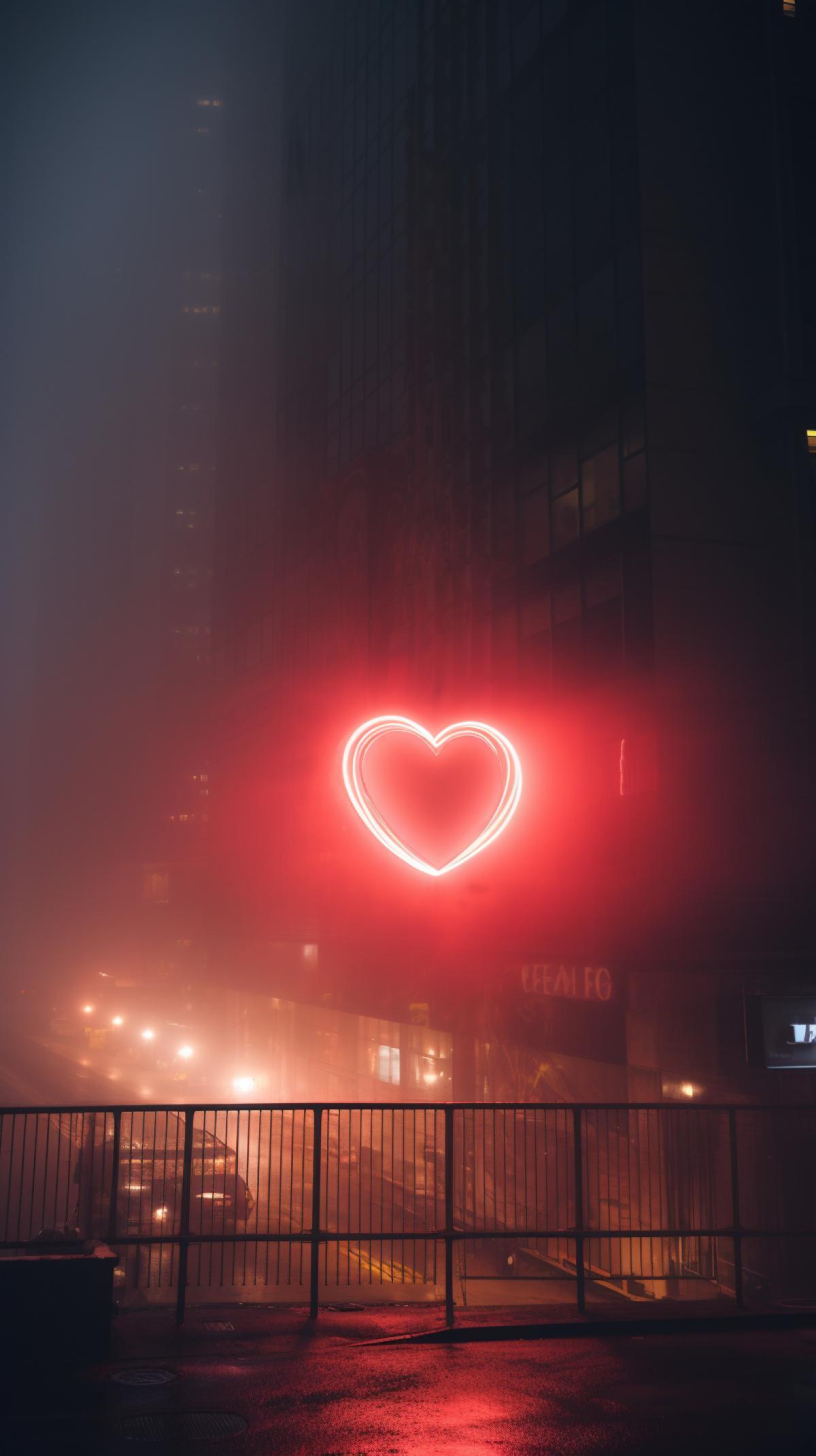 Sign with Huge neon heart on a skyscraper, city photo, night, bright red neon light breaks through the fog
