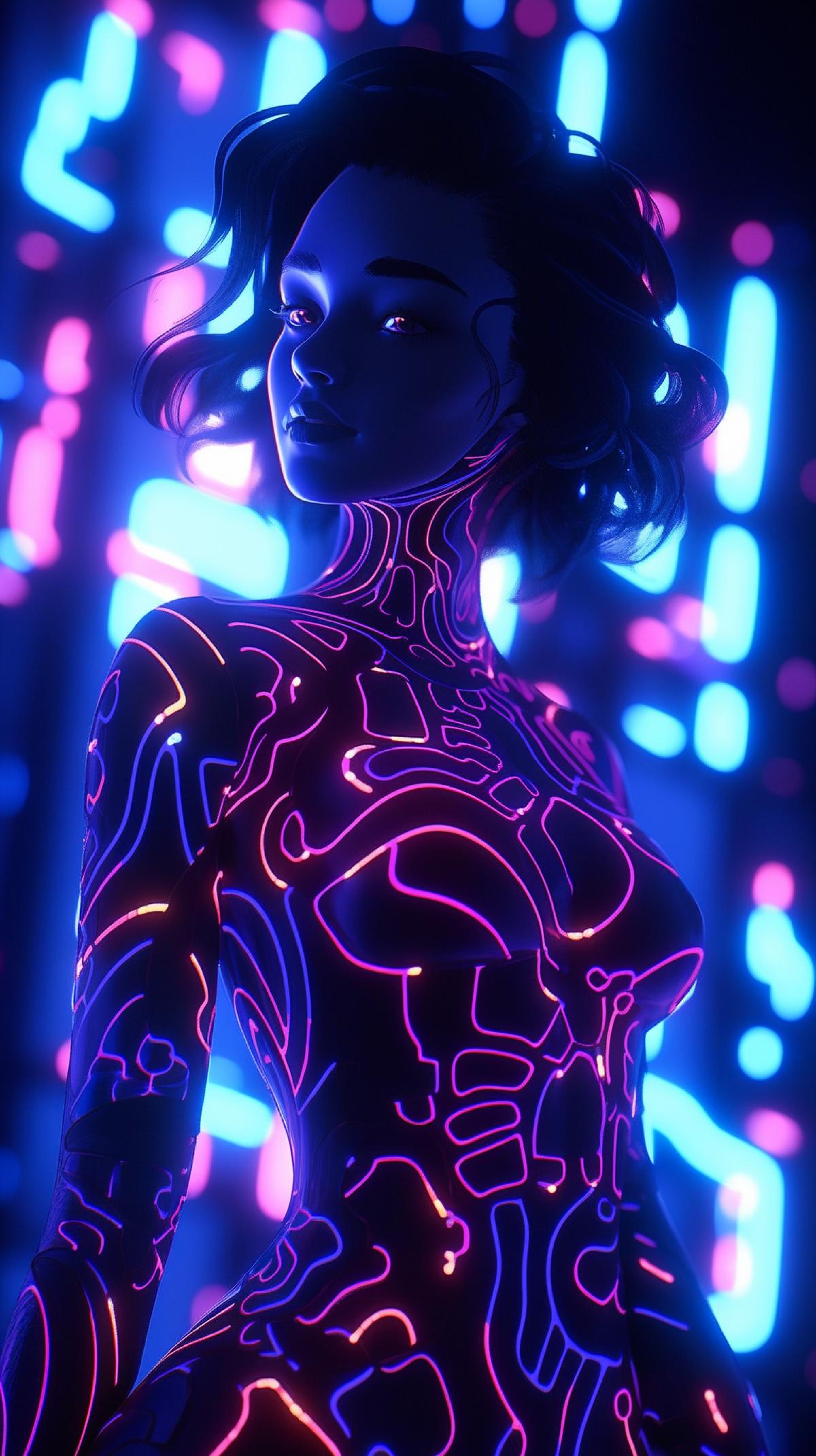 Beautiful woman with neon skin, wearing LED clothes, abstract neon light painting, supermodel body, mischievous smile, luxurious 4k, muse, stunning, intricately detailed, beautifully color-coded, unreal engine, octane render, natural lighting