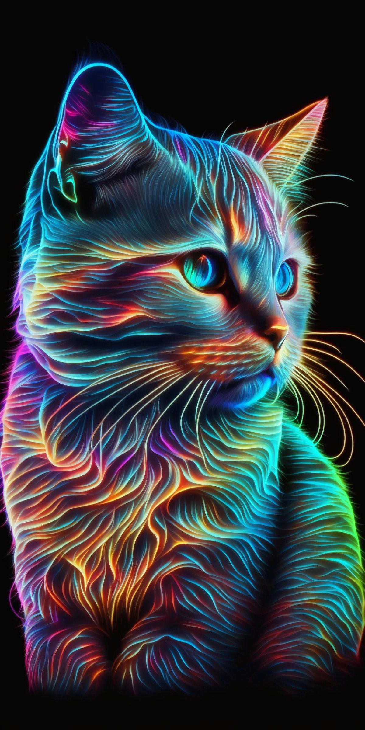 A cute cat. Glows from within. A work of art neon advertising. Bright saturated colors.