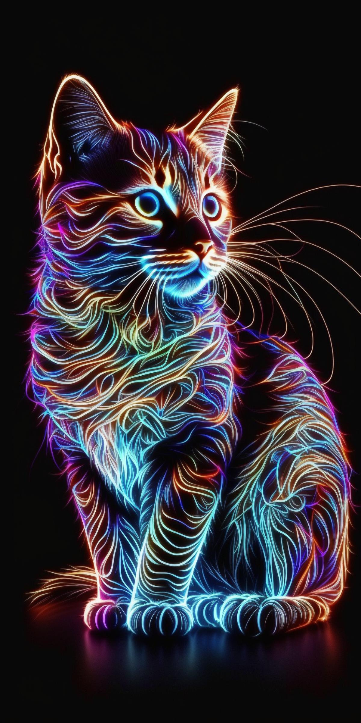 A cute cat. Glows from within. A work of art neon advertising. Bright saturated colors.