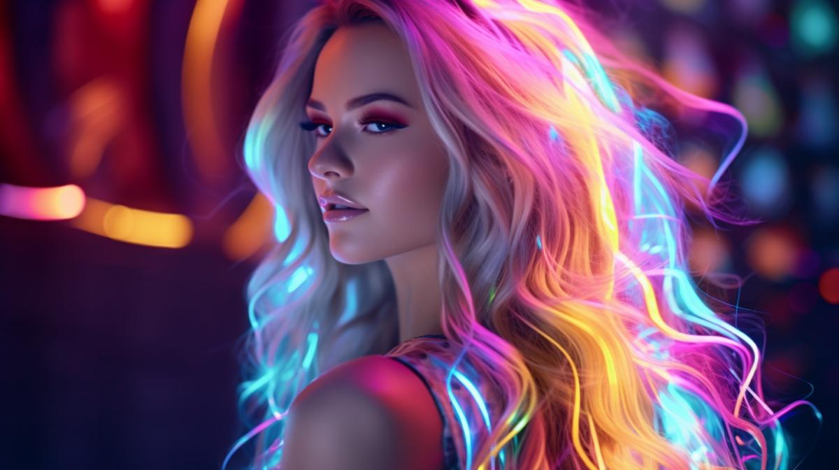Beautiful woman with Adorable Neon Glowing Hair, wearing LED clothes, abstract neon light painting, supermodel body, mischievous smile, luxurious 4k, muse, stunning, intricately detailed, beautifully color-coded, unreal engine, octane render, natural lighting