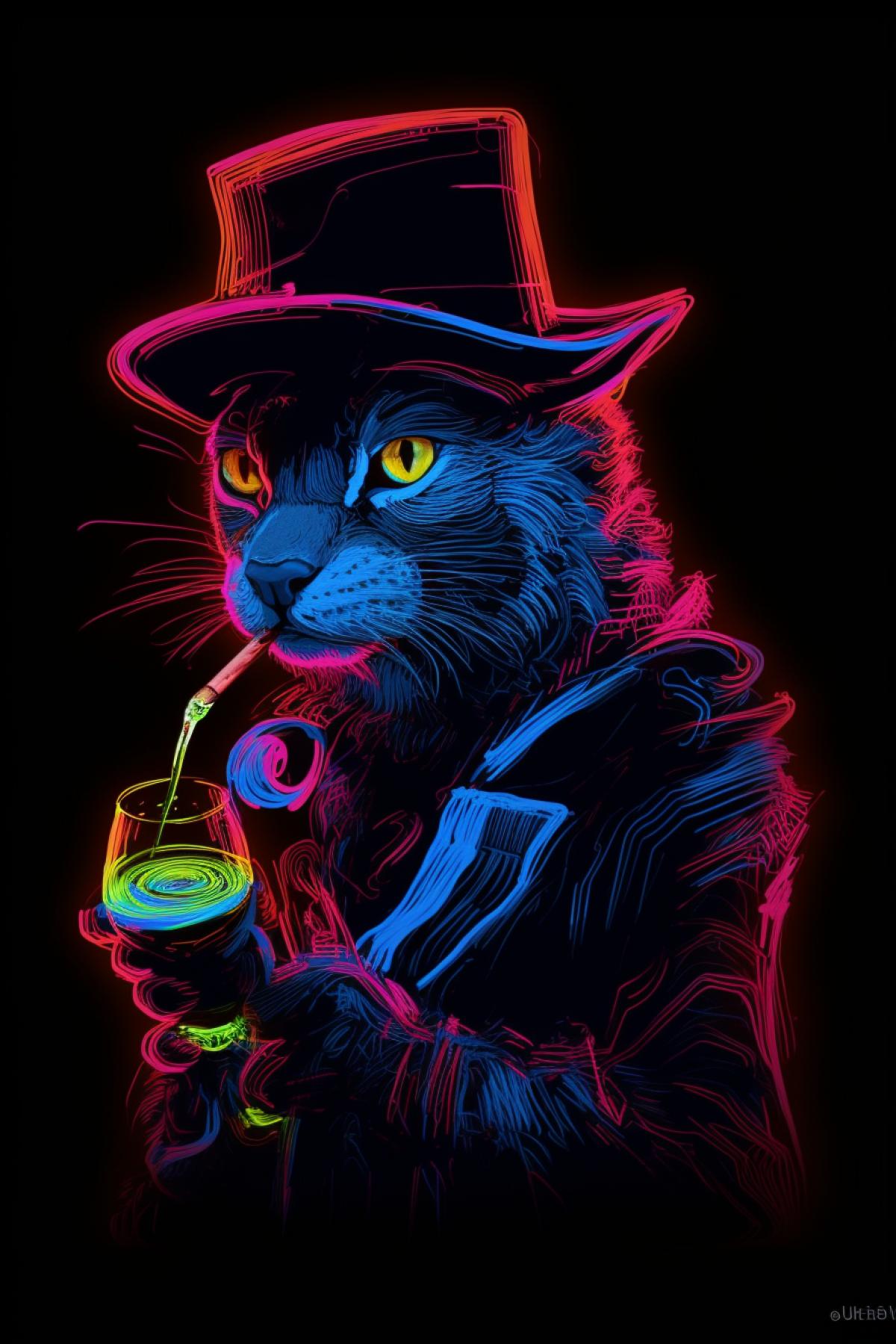 Neon cat Sherlock Holmes with a smoking pipe in a hat neon baroque neon sign