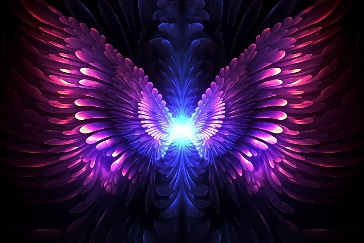 Mandelbrot Doppler effect, Neon Glowing 3D Angel, abstract neon light painting, purple azure and dark colors are breathtaking