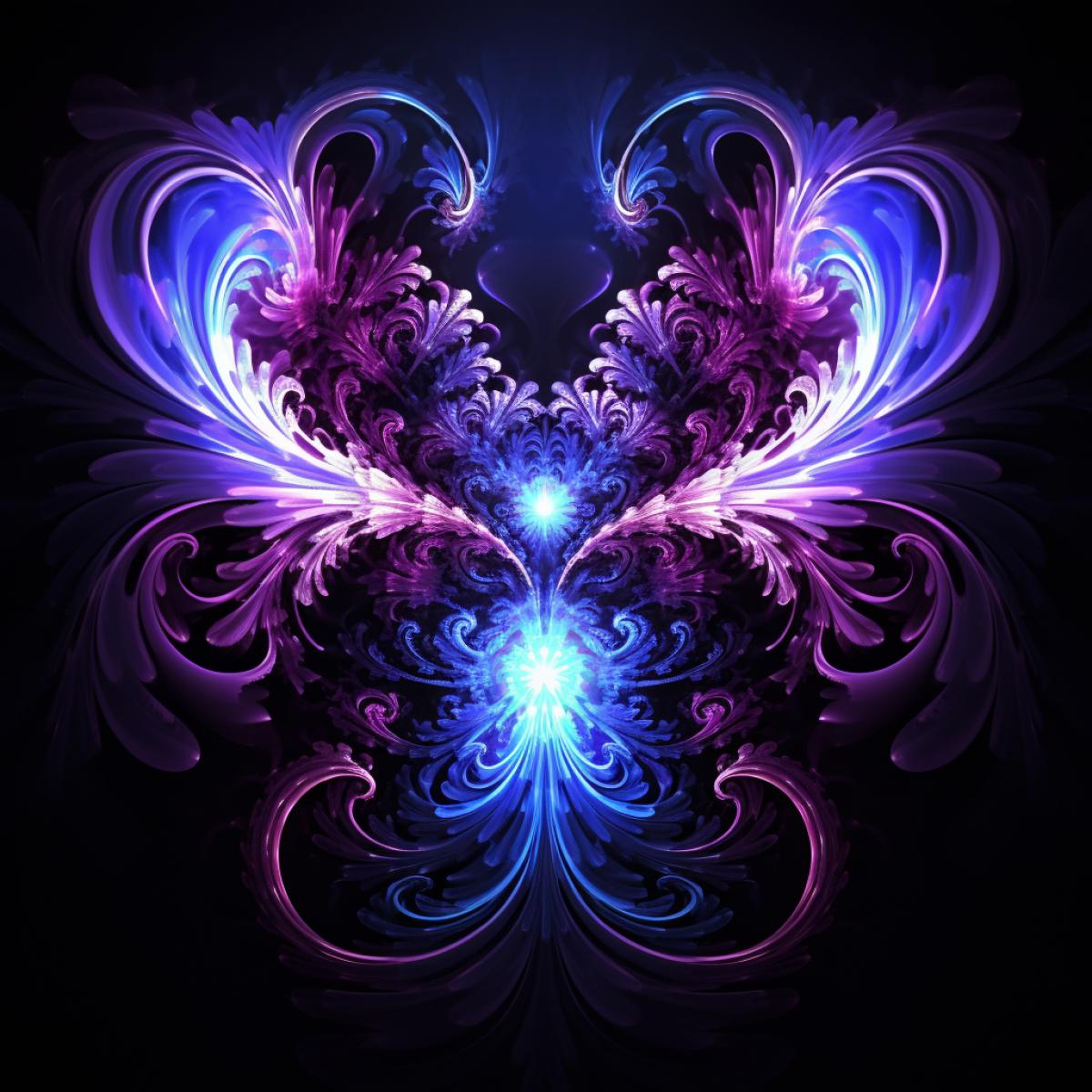 Mandelbrot Doppler effect, Neon Glowing 3D Angel, purple azure and dark colors are breathtaking