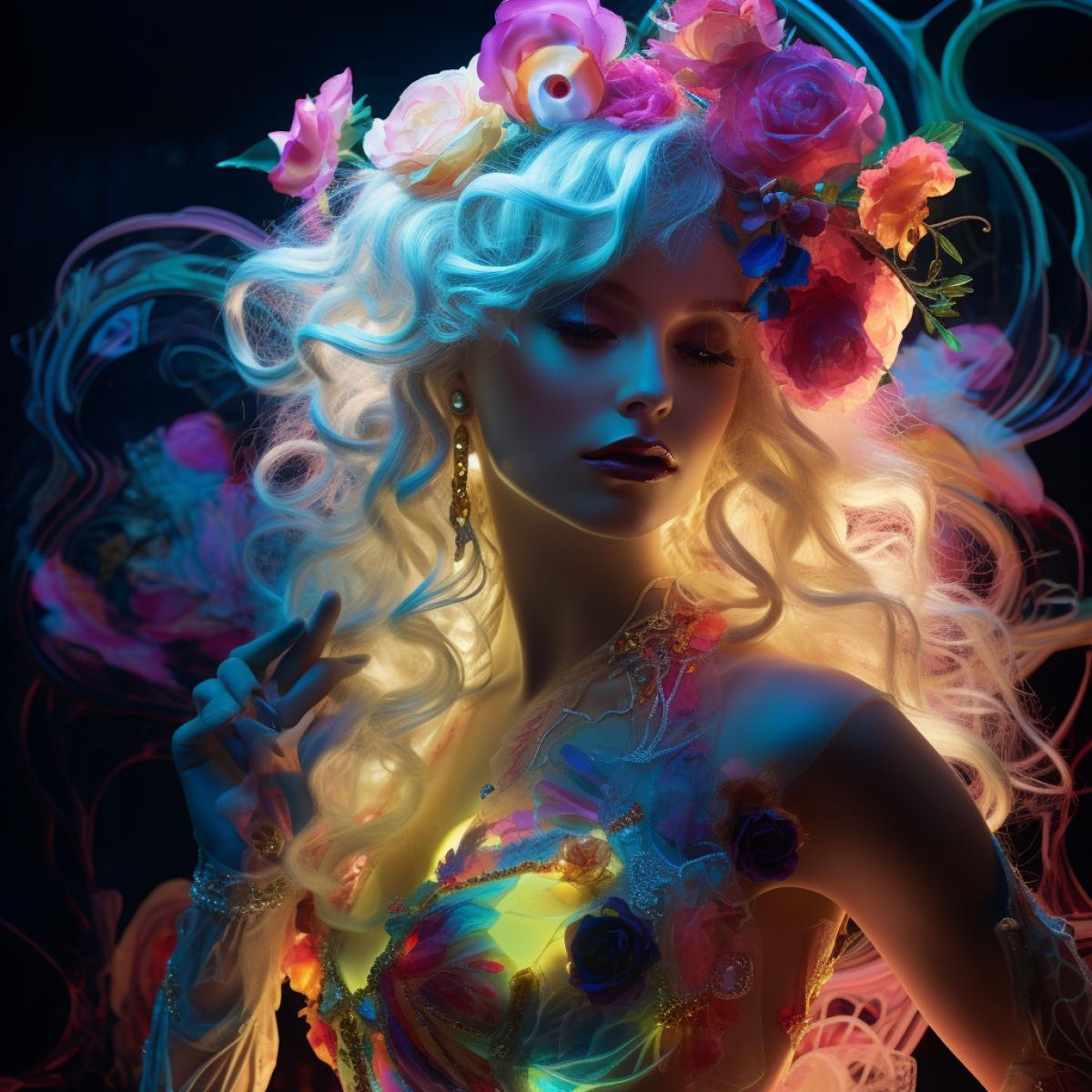 abstract neon light painting, A beautiful woman adorned in the luxurious fashion of the Rococo era, donning an elaborate wig adorned with flowers and ribbons, the intricate designs and patterns carefully interwoven, the setting painted in warm, dim lighting, an ambiance enhancing the overall beauty of the image, a picturesque backdrop reminiscent of a Baroque masterpiece, artful 4k, vintage decor, chic and opulent. Close-up shot, warm and dim lighting, Baroque ambiance, intricate designs, elaborate wig, luxurious fashion