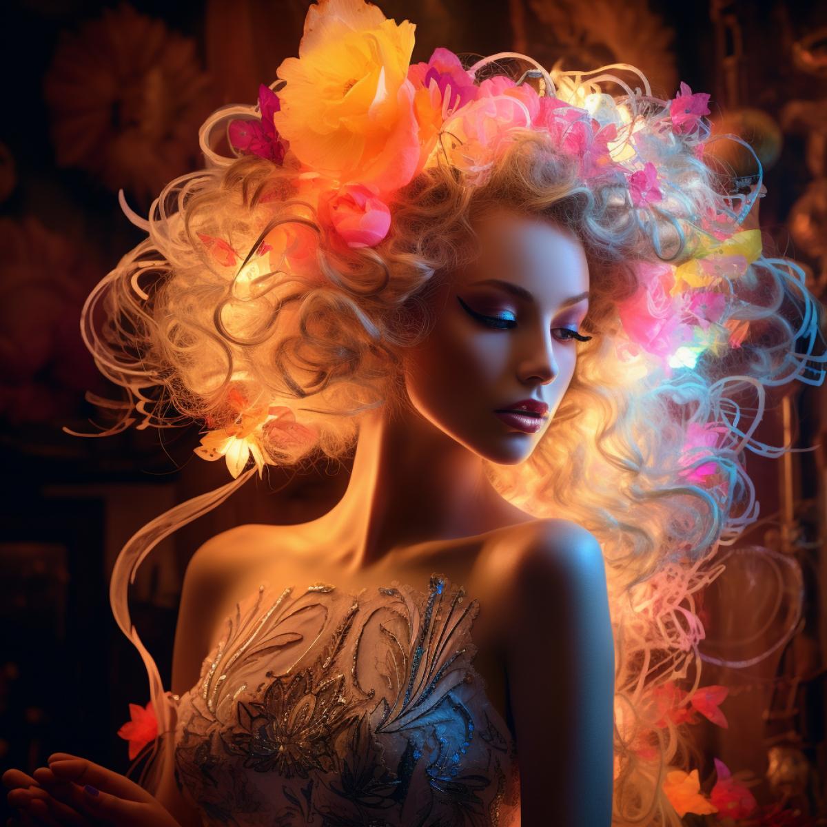 abstract neon light painting, A beautiful woman adorned in the luxurious fashion of the Rococo era, donning an elaborate wig adorned with flowers and ribbons, the intricate designs and patterns carefully interwoven, the setting painted in warm, dim lighting, an ambiance enhancing the overall beauty of the image, a picturesque backdrop reminiscent of a Baroque masterpiece, artful 4k, vintage decor, chic and opulent. Close-up shot, warm and dim lighting, Baroque ambiance, intricate designs, elaborate wig, luxurious fashion