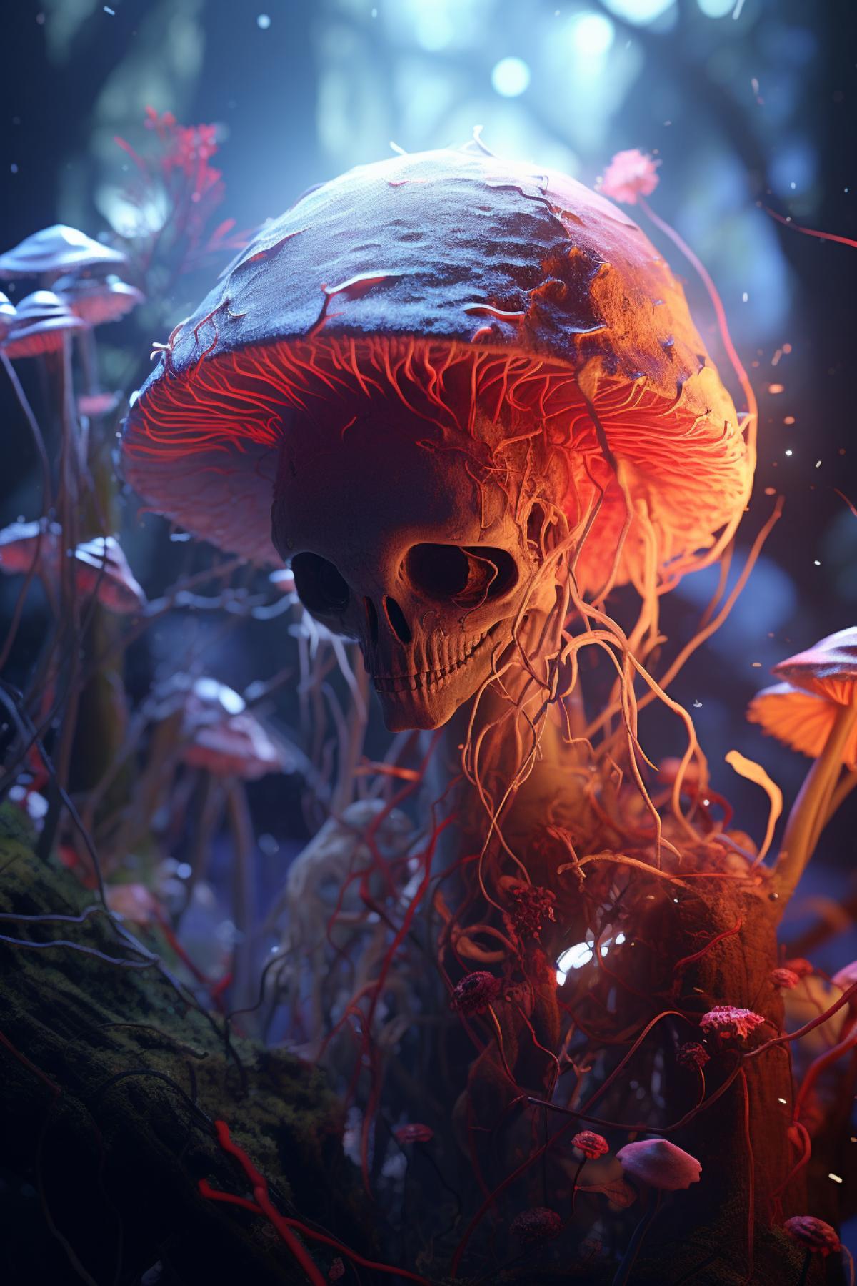 shroompunkai, bioluminescence, skeleton, messy environment, portrait, 85mm, f2.0, light, ultra realistic, 8k, fm2.0, cinema4d