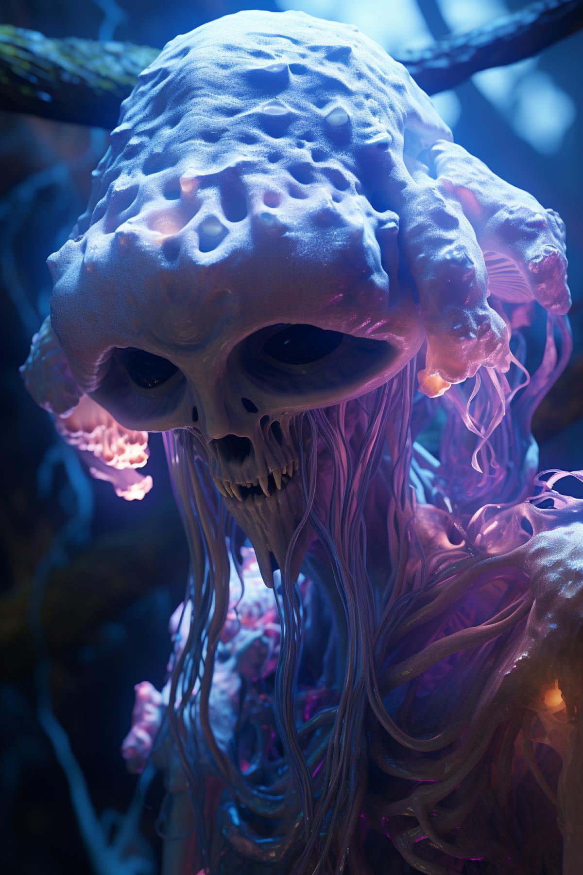 shroompunkai, bioluminescence, skeleton, messy environment, portrait, 85mm, f2.0, light, ultra realistic, 8k, fm2.0, cinema4d