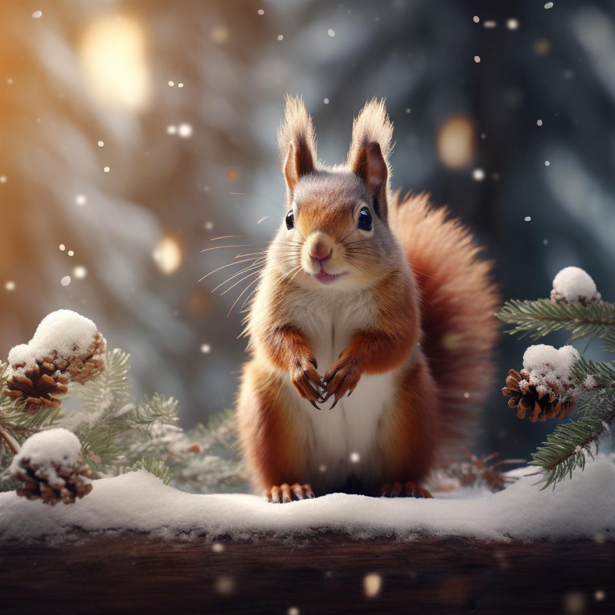 Fluffy Red Squirrel sitting on a spruce branch in the winter forest, holding a cone in paws, snowfall, cozy atmosphere, cute, octane render, photorealistic, highly detailed
