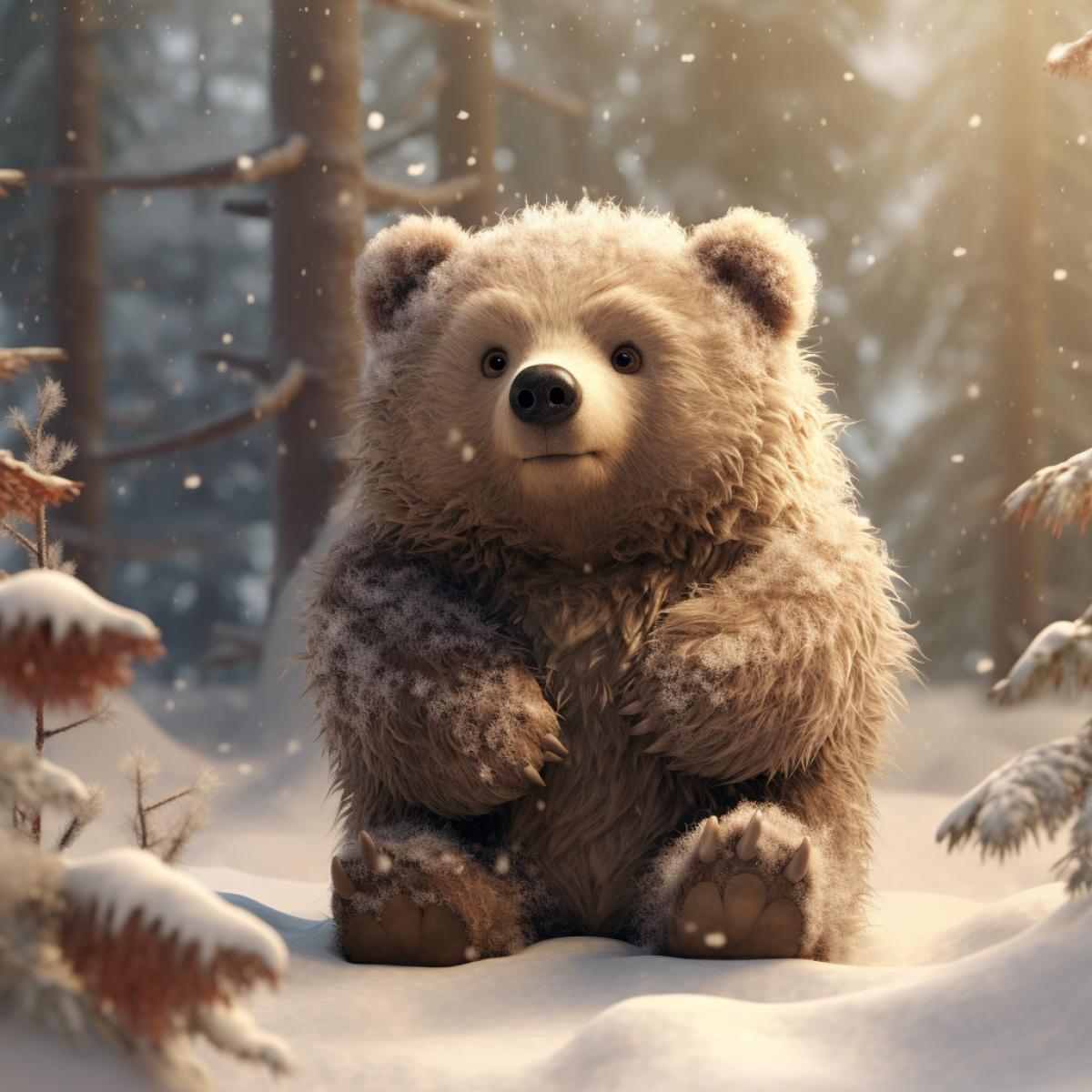 Fluffy pall bear sneaking through the winter forest, snowfall, cozy atmosphere, cute, octane render, photorealistic, highly detailed