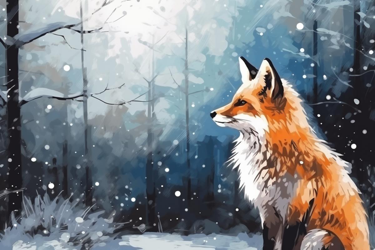 fox in the winter forest in Charcoal style, snowfall, with orange blue and white smudged lines