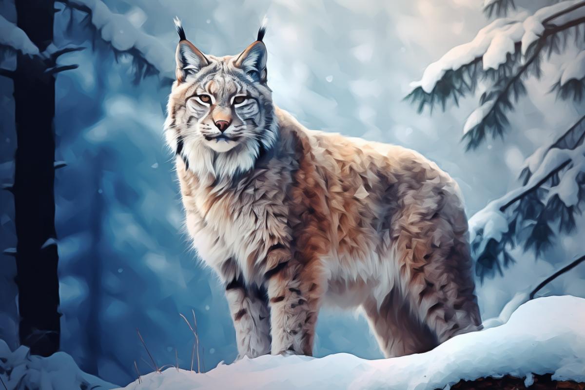 Photorealistic fluffy lynx in the winter forest, brushstrokes blended seamlessly for natural gradients