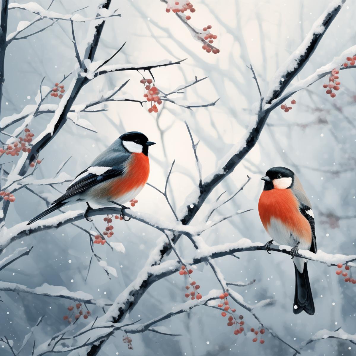 minimalistic com4k, bullfinches in the winter forest