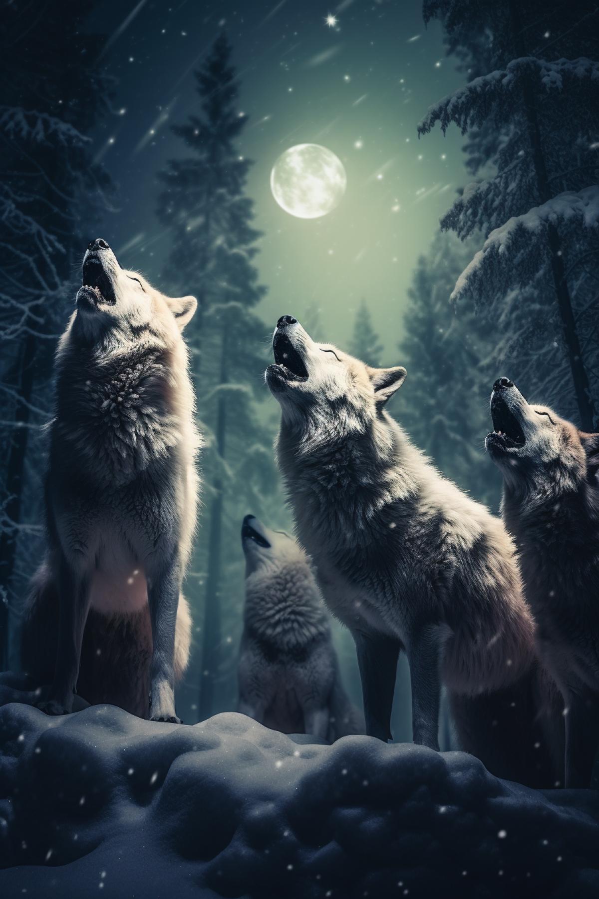A pack of wolves howling at the moon in the winter forest, cold colors, exciting atmosphere, starry night, professional photography, highly detailed