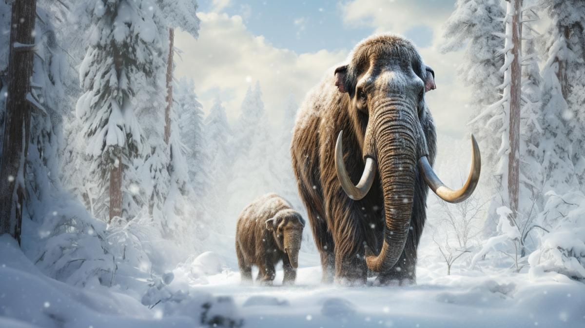 Huge mammoth with mammoth baby making their way through the winter forest, strong wind, snowfall, muted cold colors, photorealistic, highly detailed