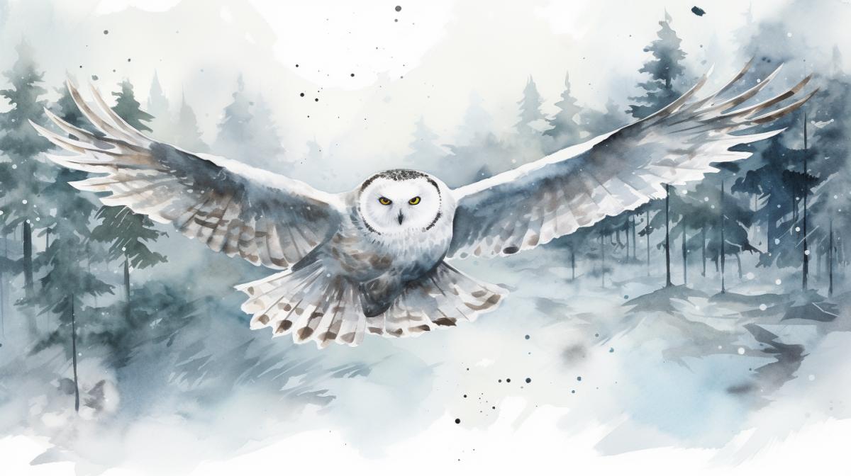 A snowy owl flies in the woods in Nordic watercolor during twilight snowfall, White and light gray colors, serene essence and ethereal beauty of the landscape, blending natural elements with a tranquil, dreamlike atmosphere