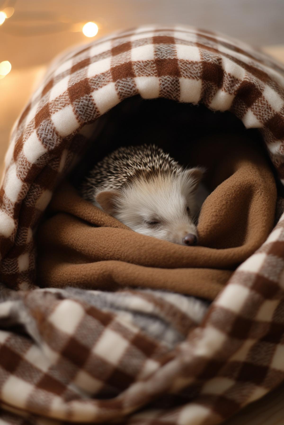 Sleeping little hedgehog under checked blanket on soft pillow in his cosy hole winter behind small round window