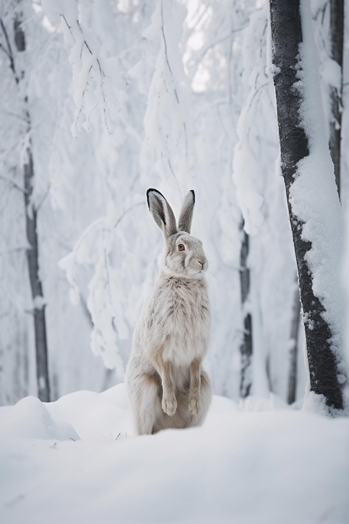Big white hare in forest among frozen trees under heavy snow stands on back legs smelling cold air winter day