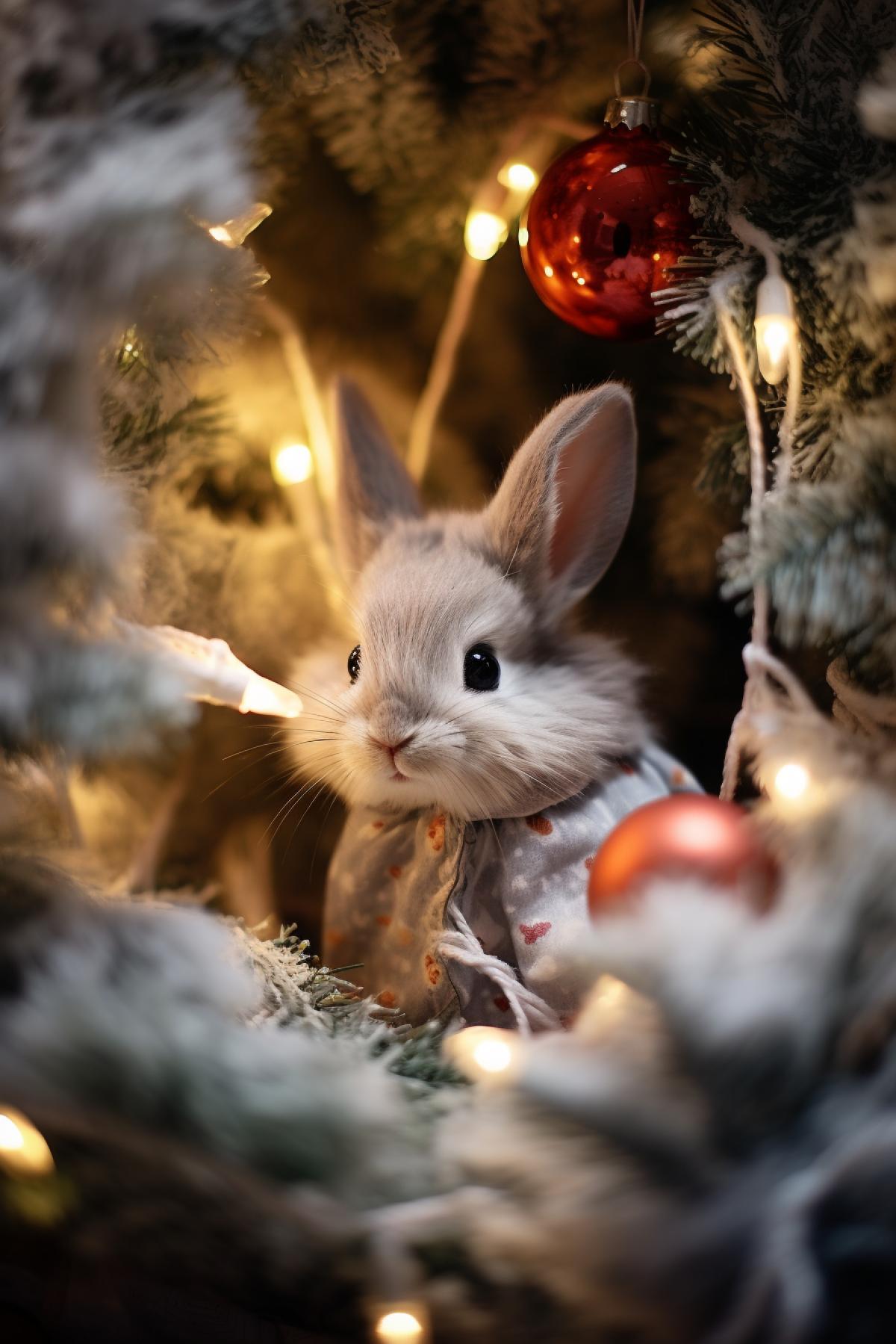 The cowardly little gray bunny was jumping under the Christmas tree