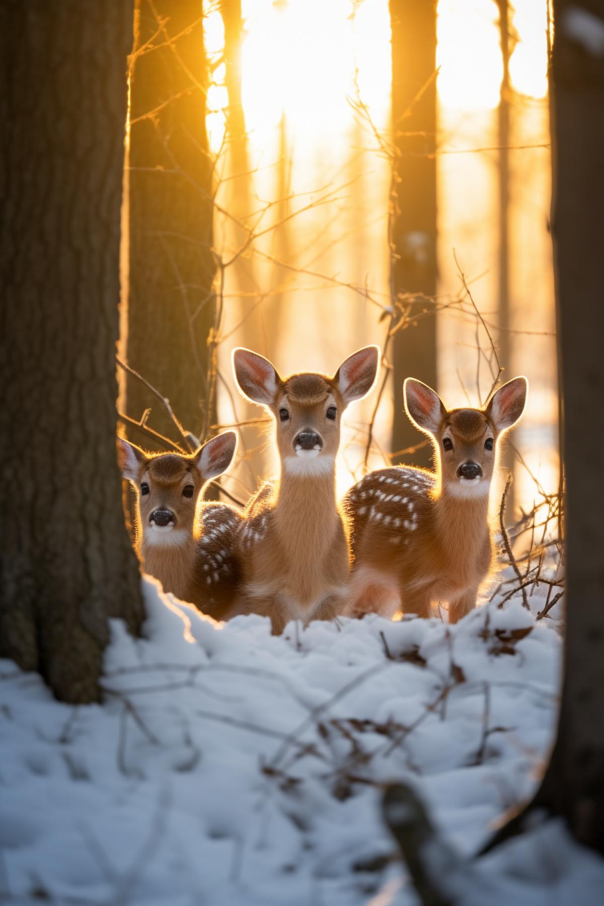 Several little fawns on sunny winter forest glade