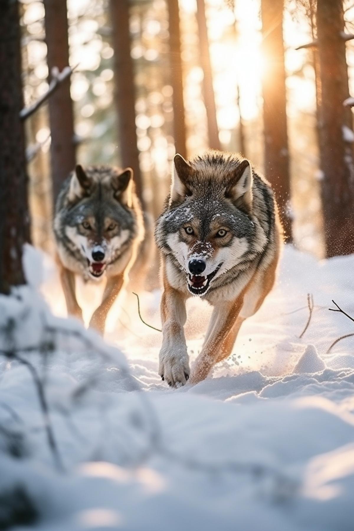 Side view of Hunting running wolves in winter forest path rush thrill excitement dynamics awarded photo