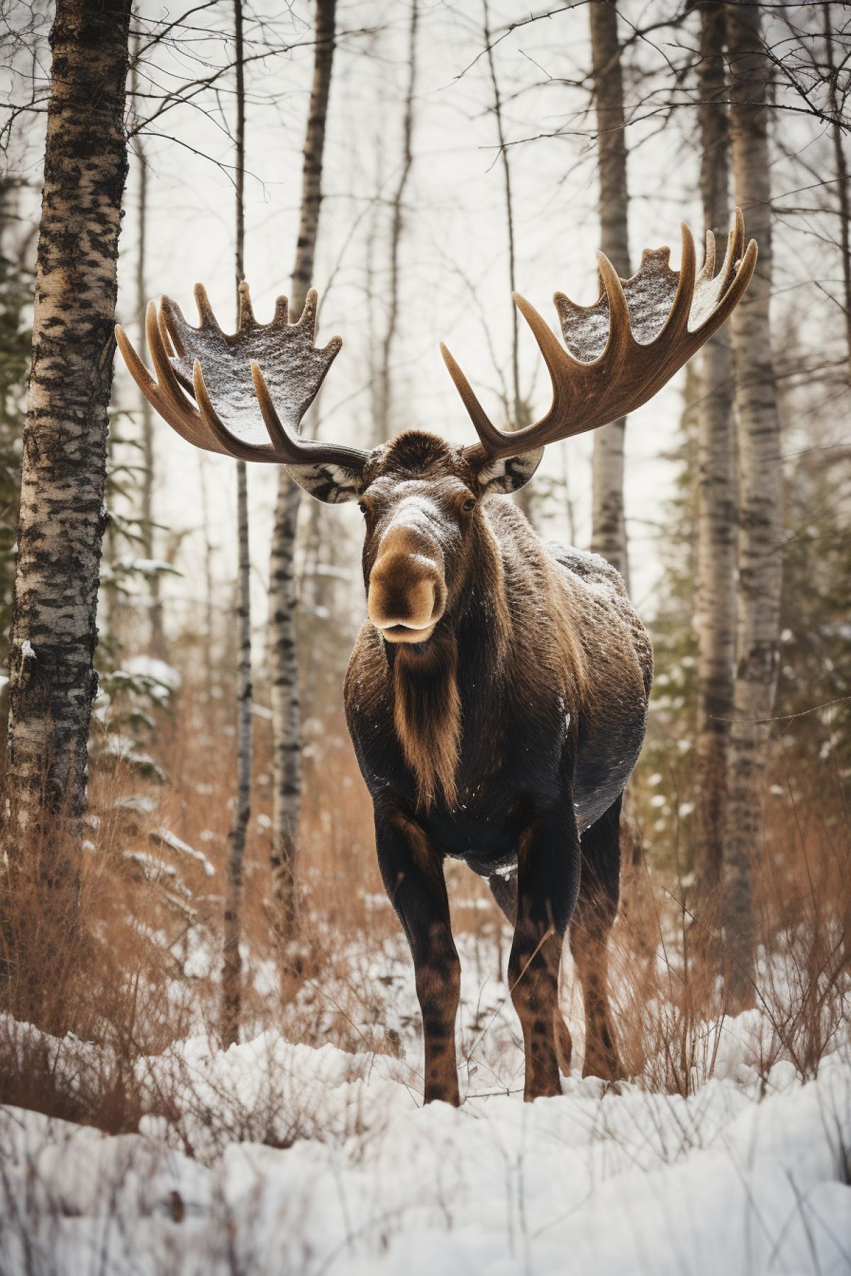Enormous moose full height side view breaking through winter forest thick thicket