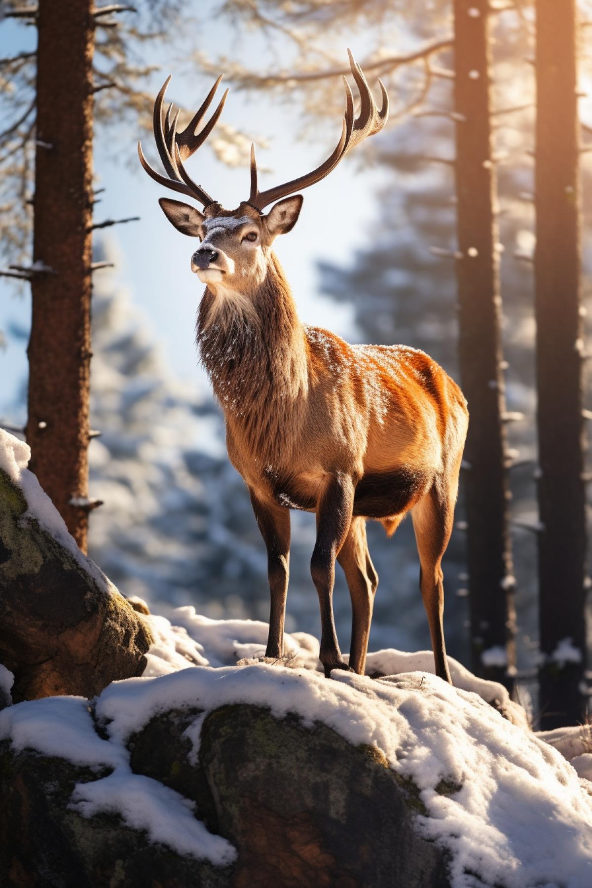 The beautiful elegant big deer on the stone rock in winter forest scanning the environment in epic 4k side view cooks winter sun