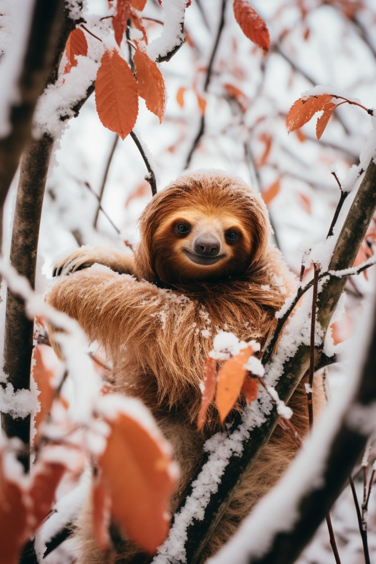 a freezing but happy sloth in the winter forest, in the branches of a tree