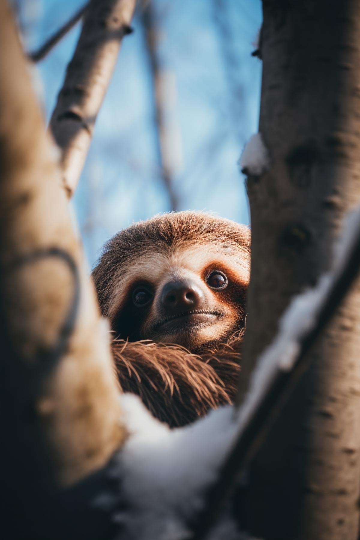 a freezing but happy sloth in the winter forest, in the branches of a tree