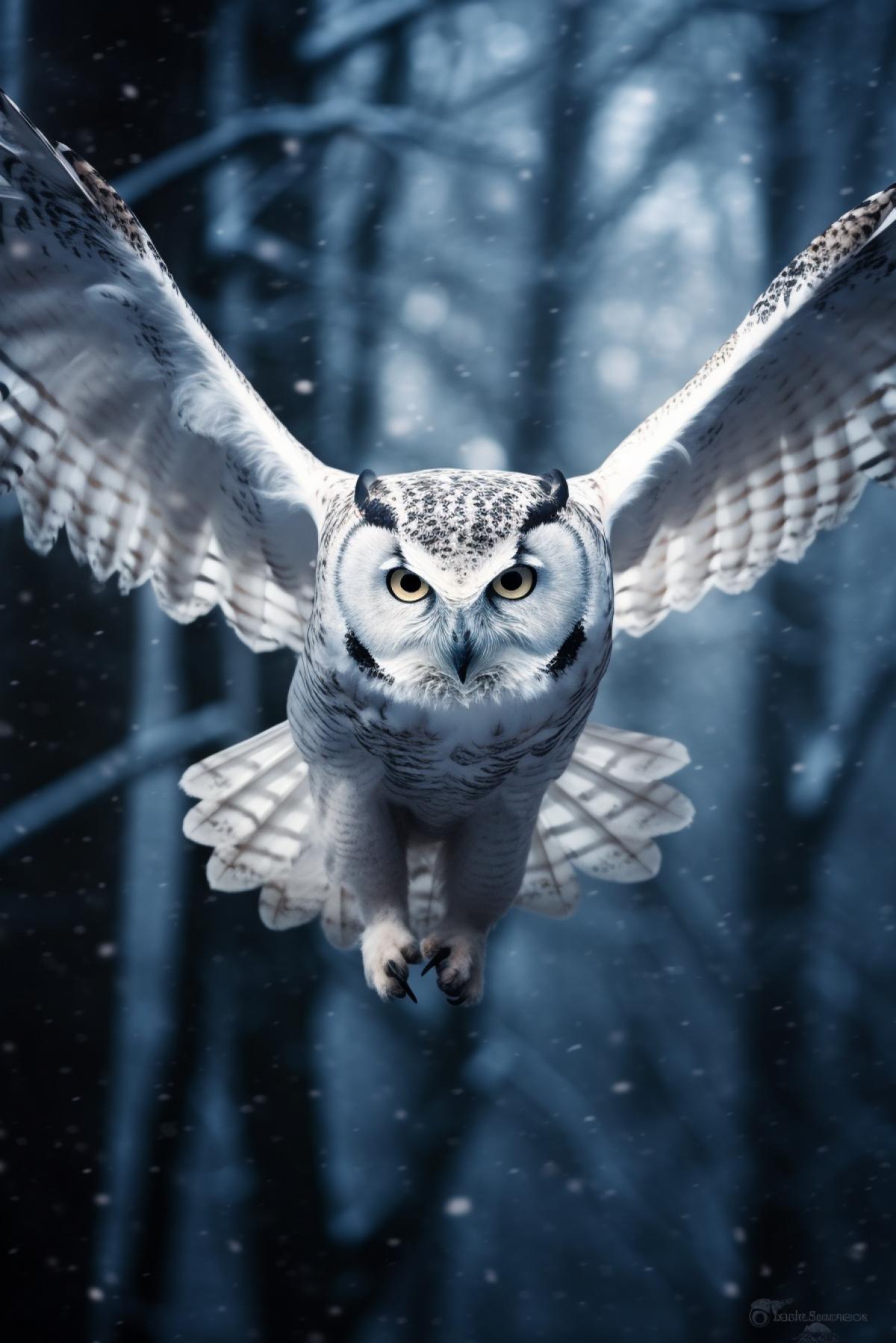 Night white owl full size flies wide wings hunting in winter snowy frozen icy forest