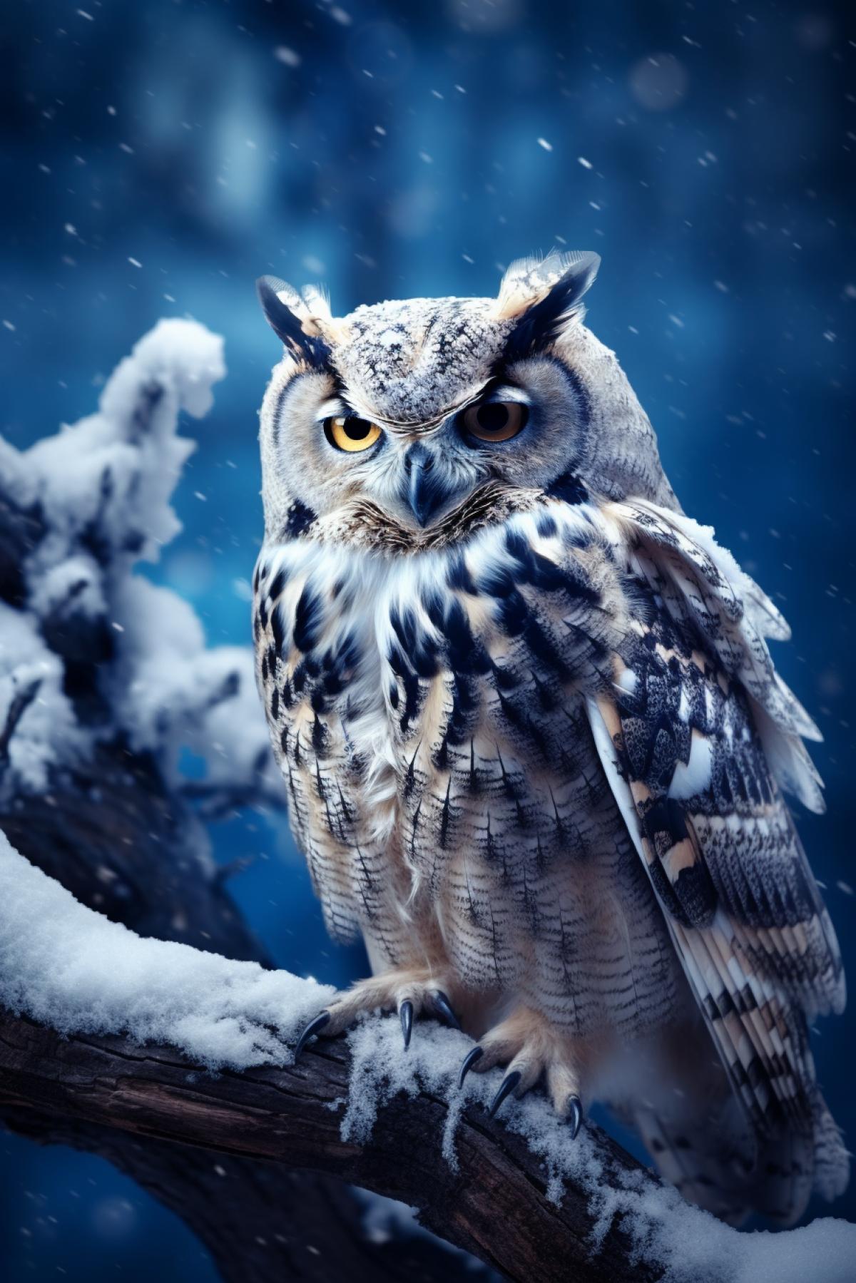 Big fat owl sitting on frozen bough nap cold heavy snowing twilight forest use white palette only