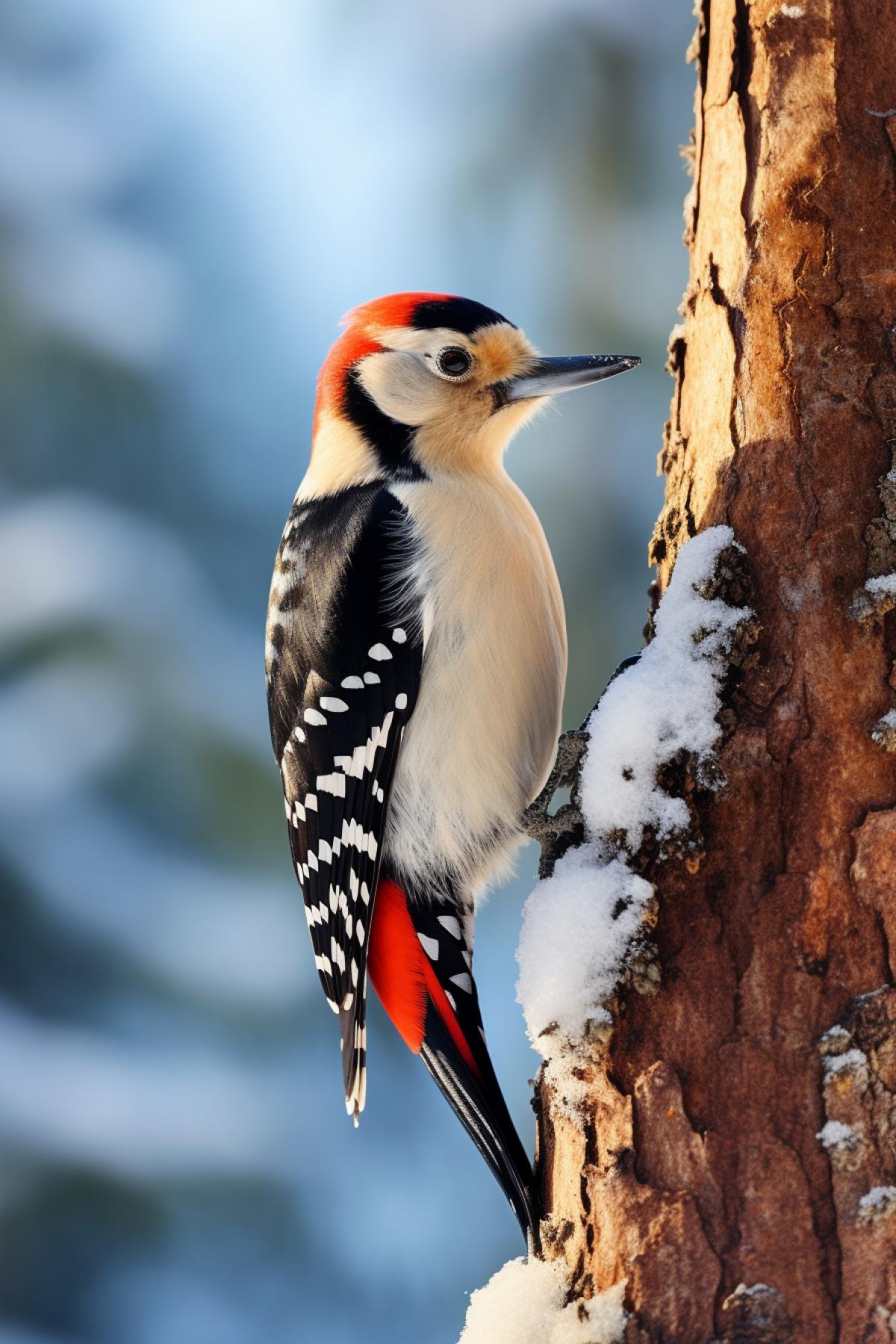 Industrious pecking Woodpecker on a winter frozen pine-tree