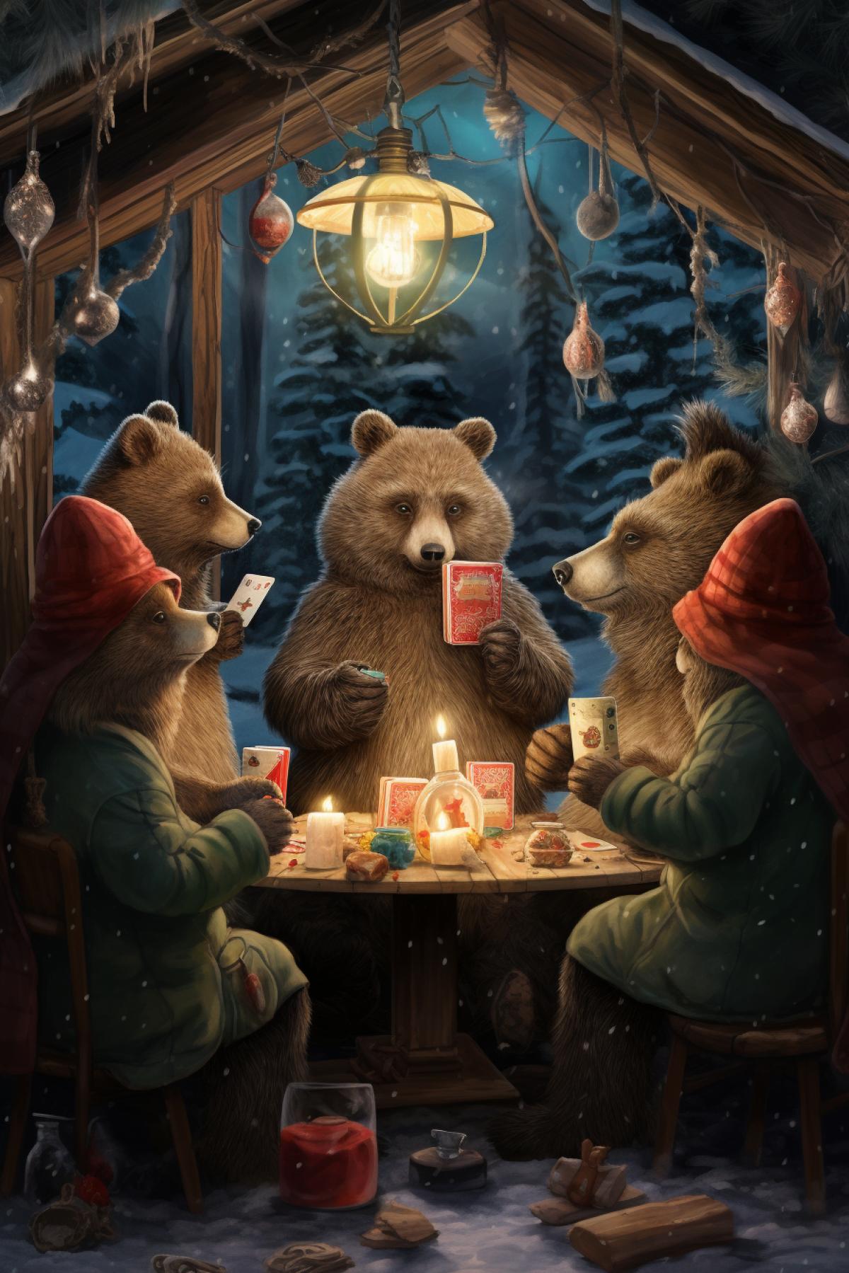 Forest animals playing cards smoking drinking whiskey in cosy hole winter evening behind the windows with sight to winter forest