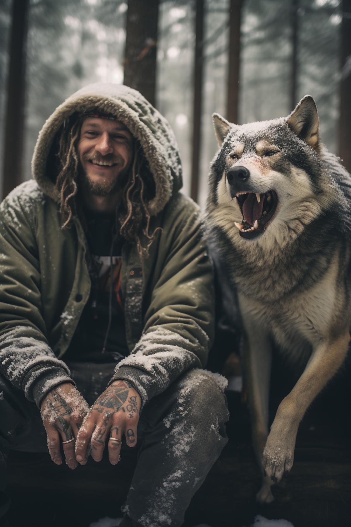 Two drunken wild wolves friends in winter forest tattoos old clothes fun