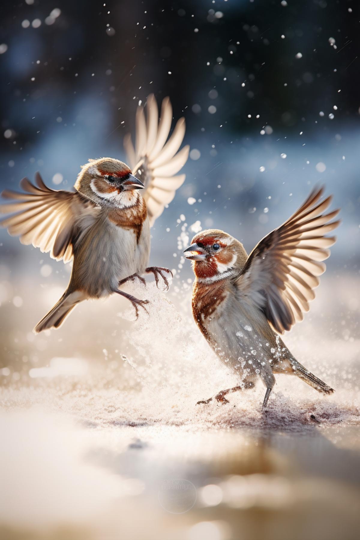 Sparrows fighting in winter forest frozen lake