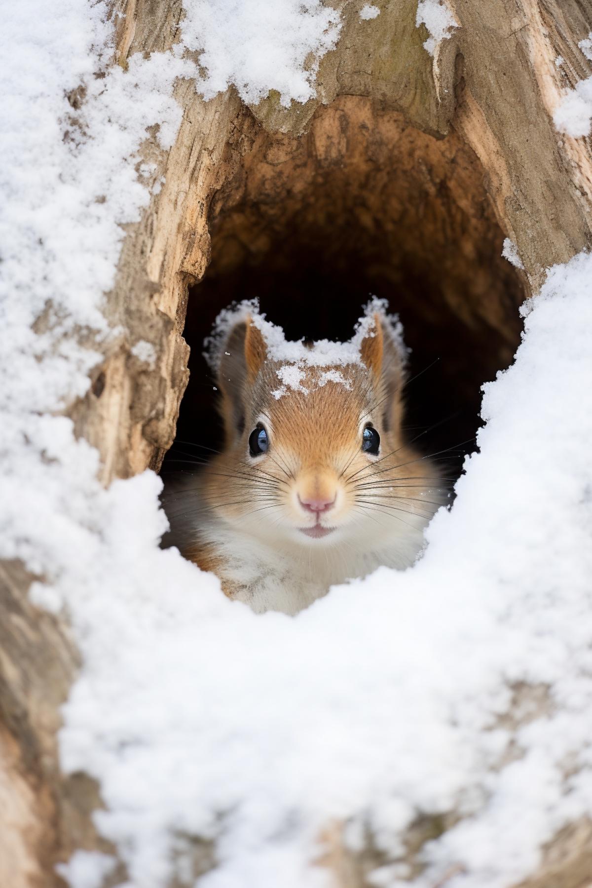Squirrel hiding high in old oak hole winter snow daytime