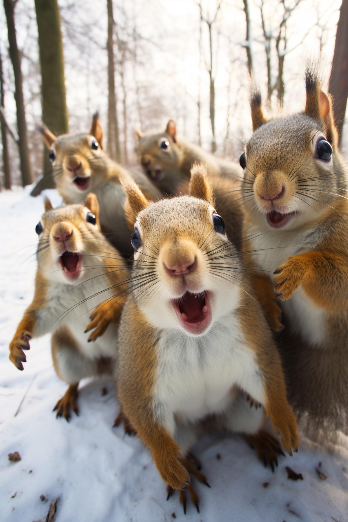 Several funny jolly smiling squirrels in winter forest glade