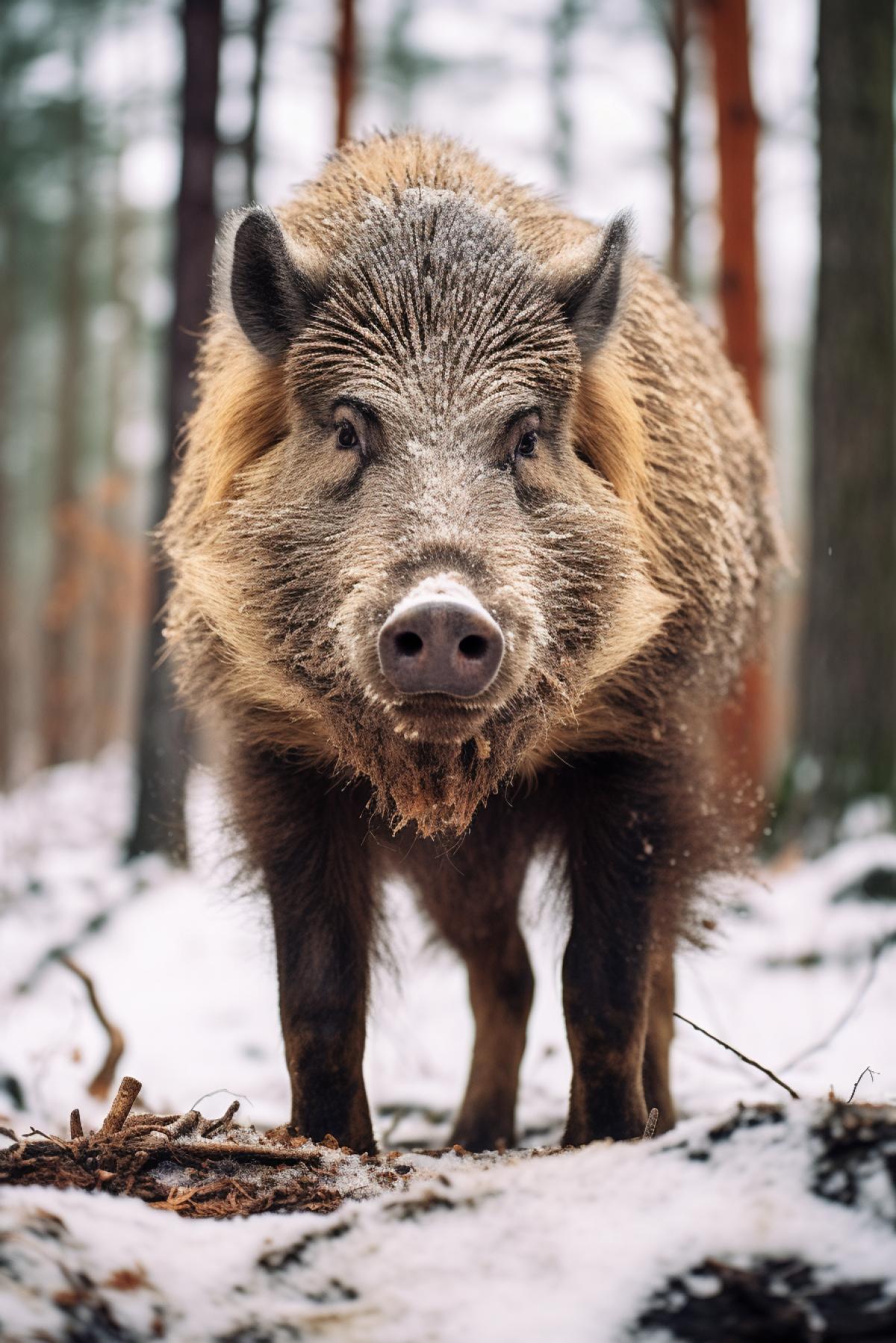 The wild boar full size in winter forest angry aggressive ready to attack low view side view dynamics rush aggression