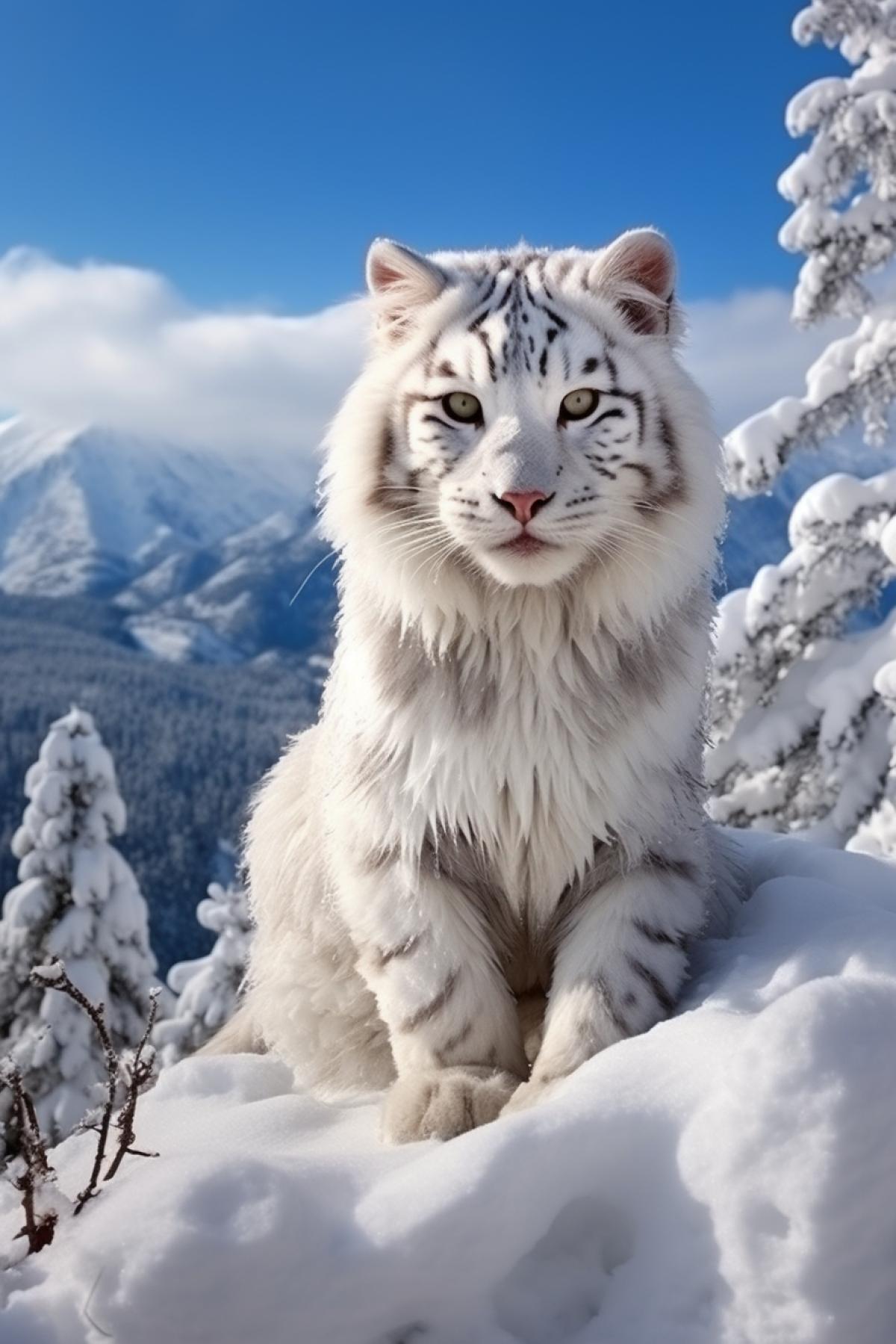 White angora tiger in winter taigа hunting victim sneaking around beautiful breathtaking view awarded photo