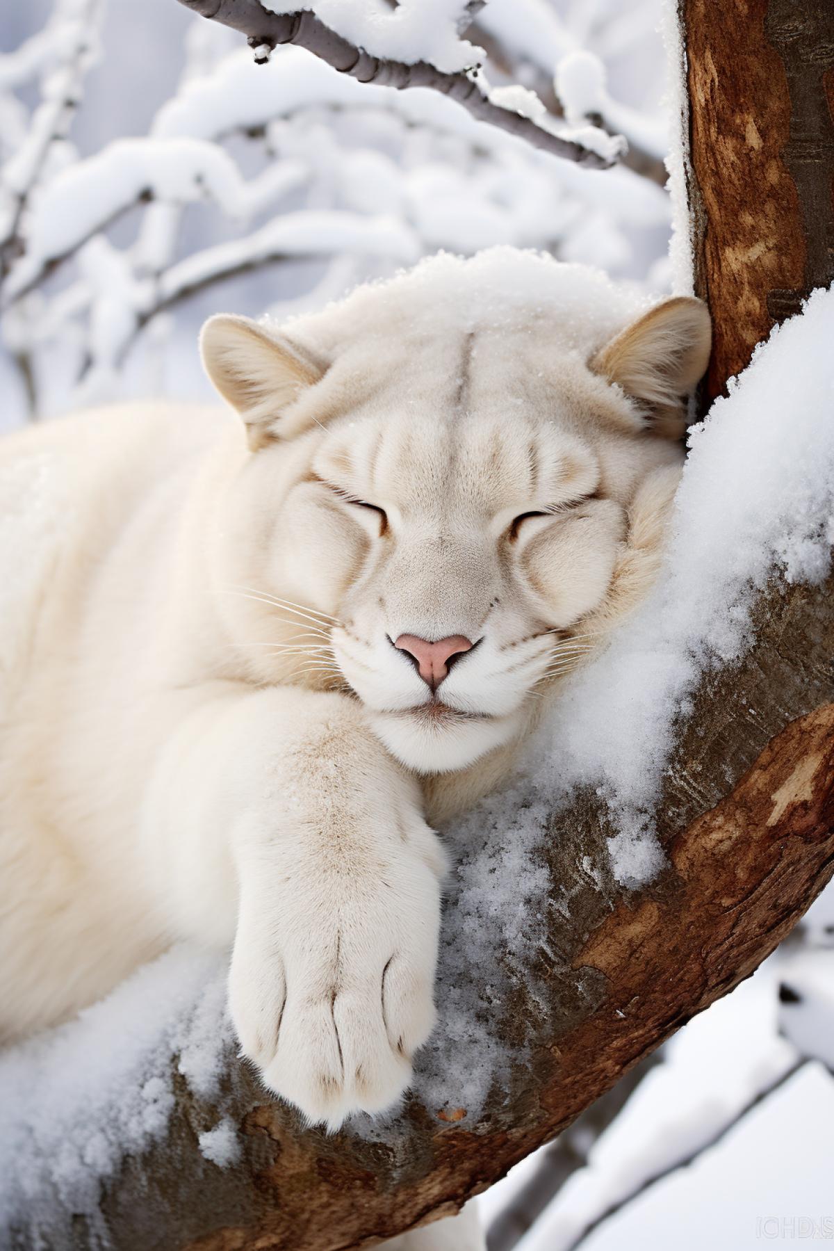 Siberian elegant white cougar full size sleeping on big white frozen bough in winter white frozen taiga use white palette only